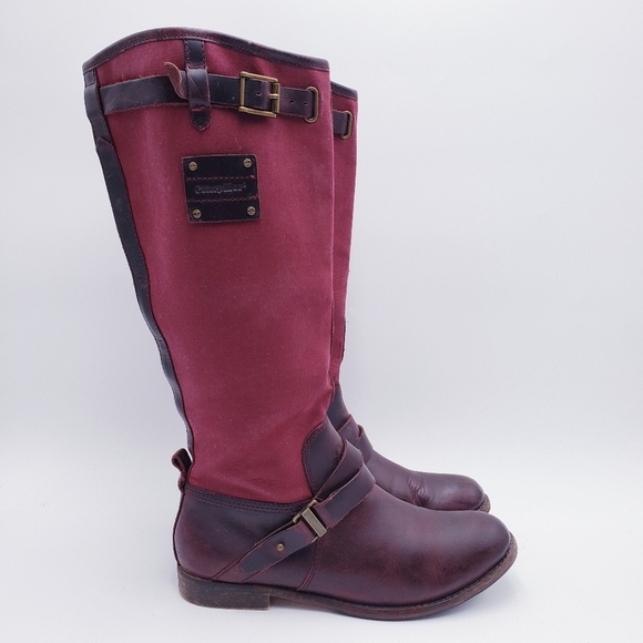 Caterpillar Women's 7 Burgundy Canvas Brown Leather Saddle Riding Boots - Picture 1 of 10